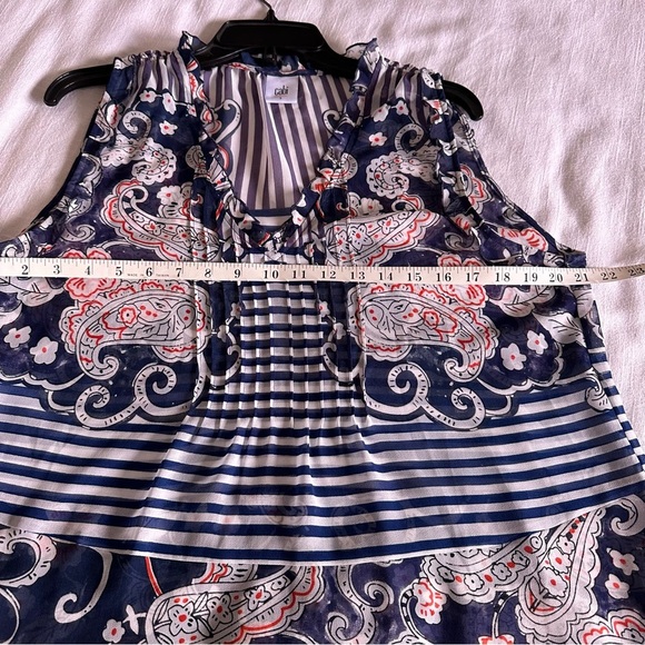 Cabi #5349 Navy Floral Paisley Peplum Striped Sheer Ruffle Pleated Top Sz S Boho - Picture 6 of 9